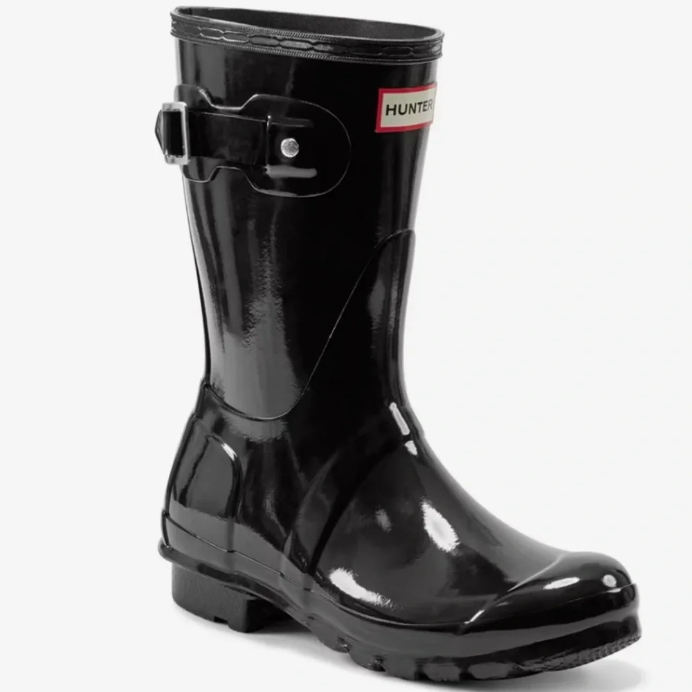 Hunter Women’s Original Short Gloss Black Rubber Rain Boots, Sz 9 w/Buffer Spray